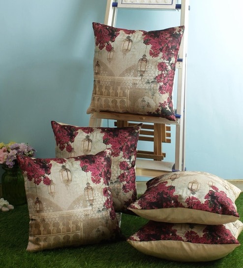 Beige Jute Floral 16x16 inches Cushion Cover (5Pc)