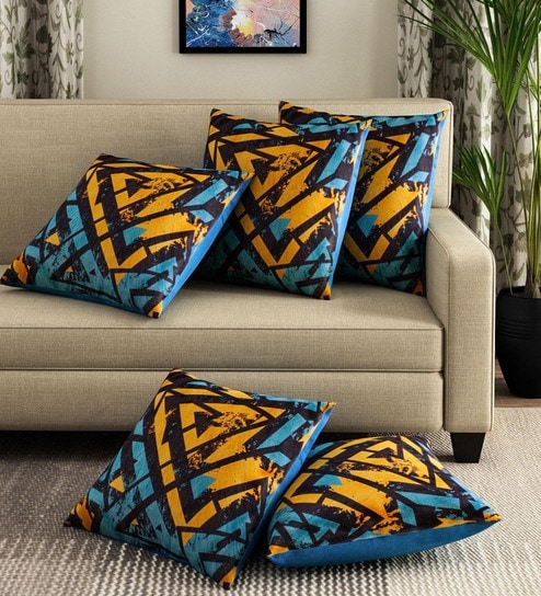 Blue and Yellow Velvet Floral 16x16 inches Cushion Cover (5Pc)