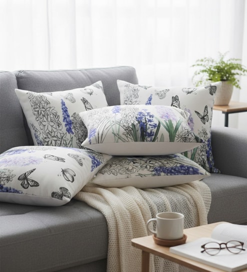Set of 5 Hand-Sketched Floral & Butterfly Throw Cushion Covers (18x18)