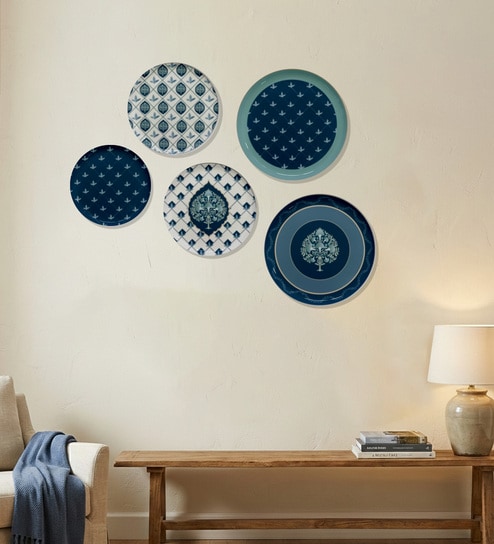Set of 5 Navy & Sky Blue Metallic Wall Plates