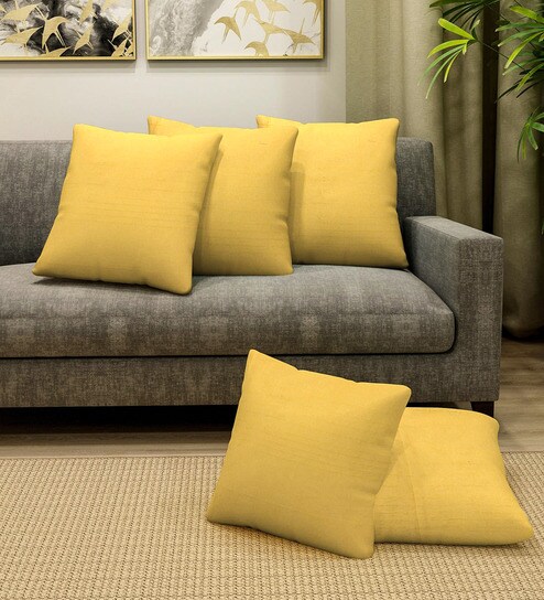 Buy Set Of 5 Solid Cotton Yellow Cushion Covers 16 16 Inches By
