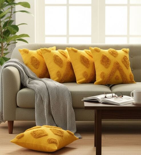 Set of 5 Sunny Yellow Tufted Throw Cushion Covers (18x18)