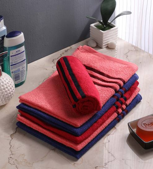 Buy Set Of 6 Coral Navy Blue Red Cotton 400 Gsm Hand Towels By