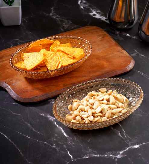 Set of 6 Glass Oval Shaped Cut Designed Serving Bowls
