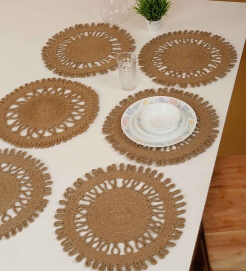 Set of 6 Jute Material Geometric Reversible Table Runners