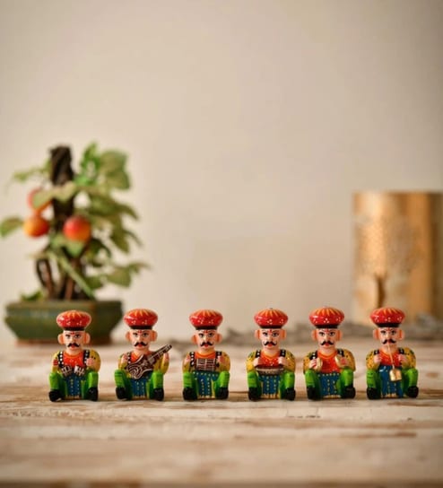 Set Of 6 Multicolor Wooden Rajasthani Musician Bawla Decorative Showpiece (5.4 cm)
