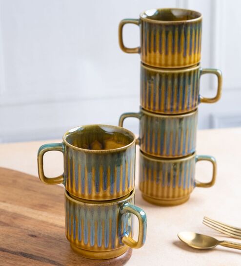 Set of 6 Mustard Studio Pottery Stackable Line Ceramic Tea Cups