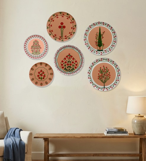 Set of 6 Terracotta Floral Mandala Metallic Wall Plates