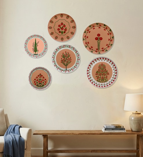 Set of 6 Traditional Orange Boho Metallic Wall Plates
