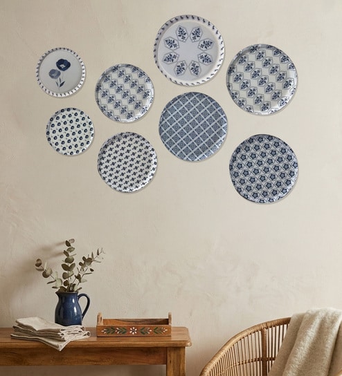 Set of 8 Blue & White Geometric Metallic Wall Plates