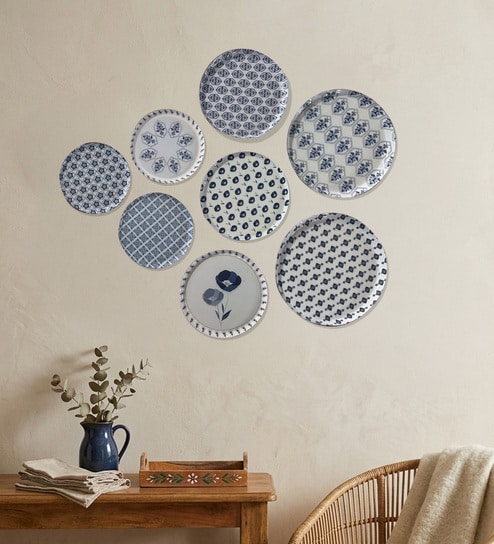 Set of 8 Indigo Pattern Metallic Wall Plates