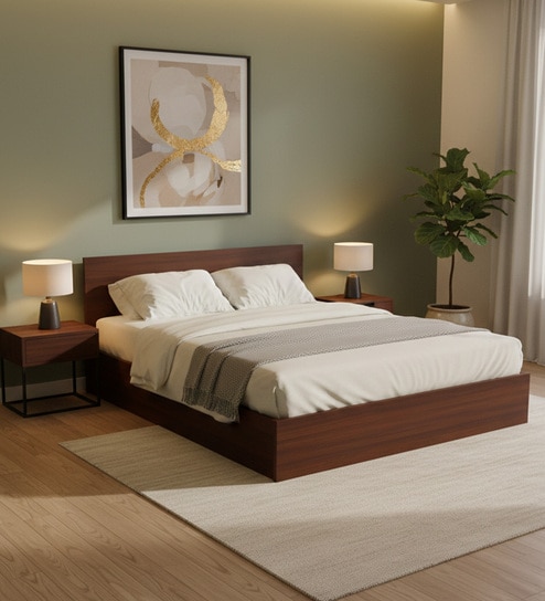 Seto Queen Size Bed In Planket Walnut Finish With Hydraulic Box Storage