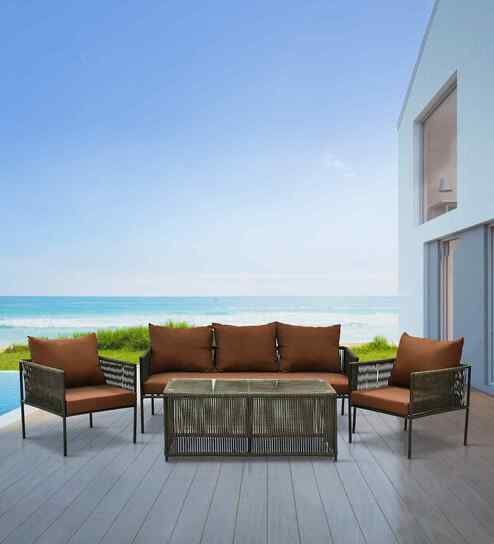 Seville Rope 3+1+1 Sofa Set In Cream Beige And Brown Finish
