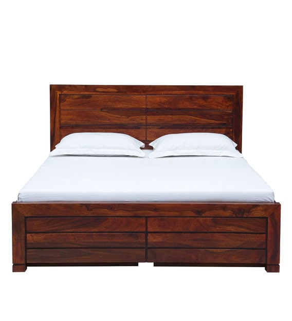Buy Segur Solid Wood King Size Bed with Storage in Honey Oak Finish