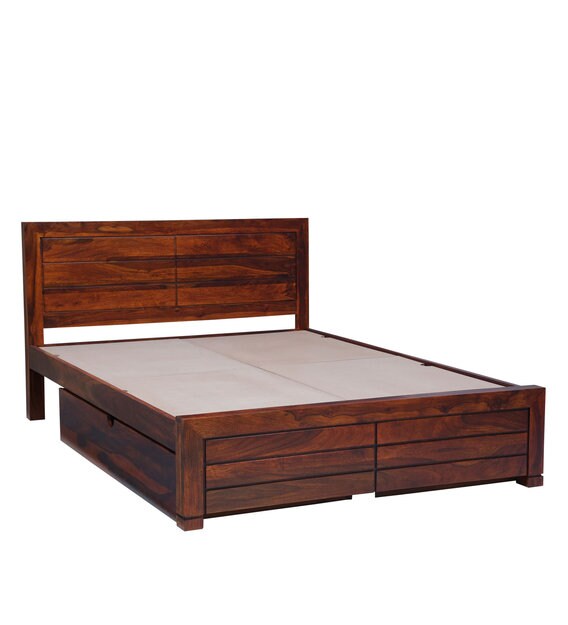Buy Segur Solid Wood King Size Bed with Storage in Honey Oak Finish
