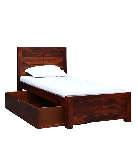 Buy Segur Solid Wood Single Bed with Storage in Honey Oak Finish