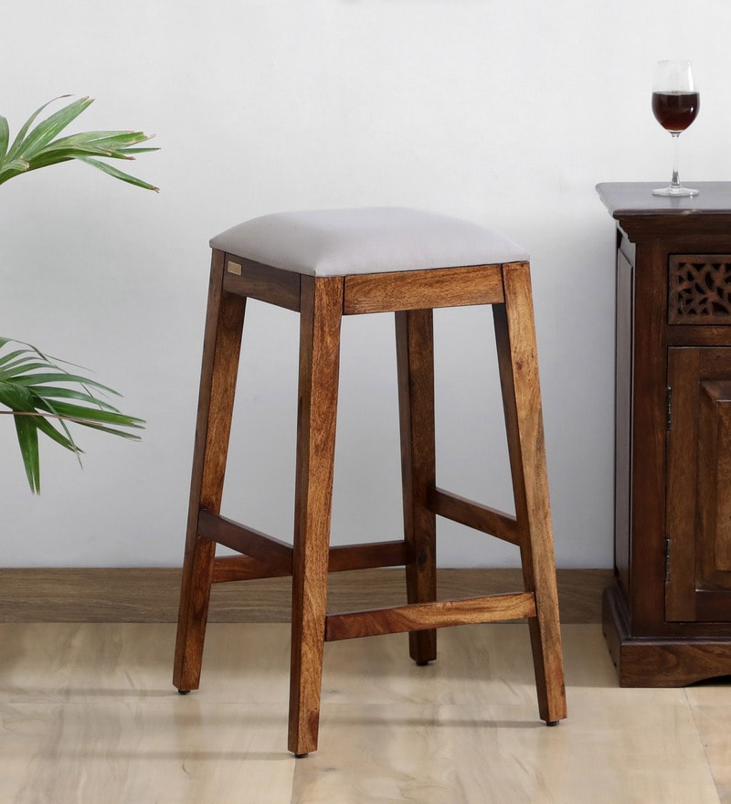 Buy Segur Sheesham Wood Bar Stool In Provincial Teak Finish with Beige