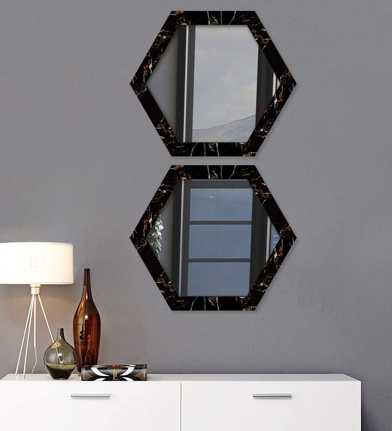Buy Set of 2 Hexagon Shape Mirror in black Colour Online Mirror Sets