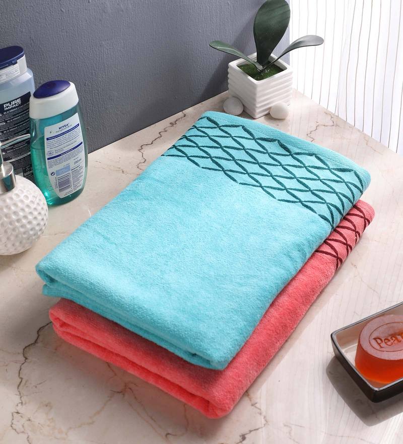 Buy Set of 2 Peach & Aqua Cotton 400 GSM Bath Towels by Eurospa Online