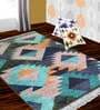 Green Geometric Faux Silk 3 ft x 5 ft Hand Woven Carpet