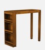 Segur Sheesham Wood Bar Table Set in Rustic Teak Finish With 2 Grey Cushioned Stools