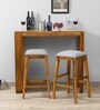 Segur Sheesham Wood Bar Table Set in Rustic Teak Finish With 2 Grey Cushioned Stools