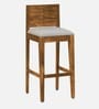Segur Sheesham Wood Full Back Bar Stool In Rustic Teak Finish with Grey Cushion