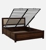 Segur Sheesham Wood King Size Bed In Provincial Teak Finish With Beige Padded Headboard Hydraulic Storage