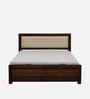 Segur Sheesham Wood King Size Bed In Provincial Teak Finish With Beige Padded Headboard Hydraulic Storage