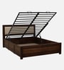 Segur Sheesham Wood King Size Bed In Provincial Teak Finish With Beige Padded Headboard Hydraulic Storage