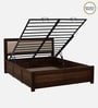 Segur Sheesham Wood King Size Bed In Provincial Teak Finish With Beige Padded Headboard Hydraulic Storage