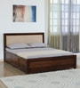 Segur Sheesham Wood King Size Bed In Provincial Teak Finish With Beige Padded Headboard Hydraulic Storage