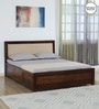Segur Sheesham Wood King Size Bed In Provincial Teak Finish With Beige Padded Headboard Hydraulic Storage