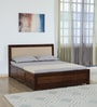 Segur Sheesham Wood Queen Size Bed In Provincial Teak Finish With Beige Padded Headboard Hydraulic Storage