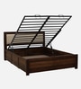 Segur Sheesham Wood Queen Size Bed In Provincial Teak Finish With Beige Padded Headboard Hydraulic Storage