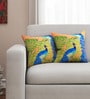 Blue Floral Peacock Cotton 16 x 16 Inches Cushion Covers (Set of 2)