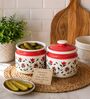 Set Of 2 Red & White 600 ML Ceramic Barni Jar with Lid