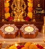 Set of 2 Handcrafted Wooden Tealight Candle Holders with Mandala Lotus Design