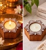 Set of 2 Handcrafted Wooden Tealight Candle Holders with Mandala Lotus Design