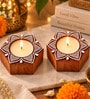 Set of 2 Handcrafted Wooden Tealight Candle Holders with Mandala Lotus Design