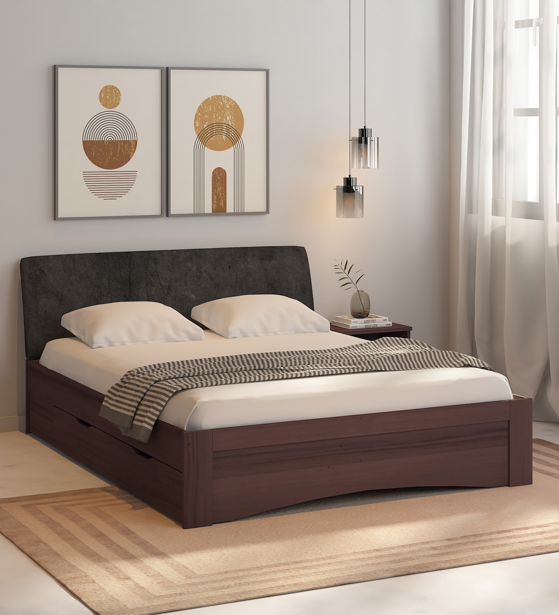 Buy Shinju Upholstered Queen Size Bed in Wenge Finish with Drawer Storage Online Modern Queen
