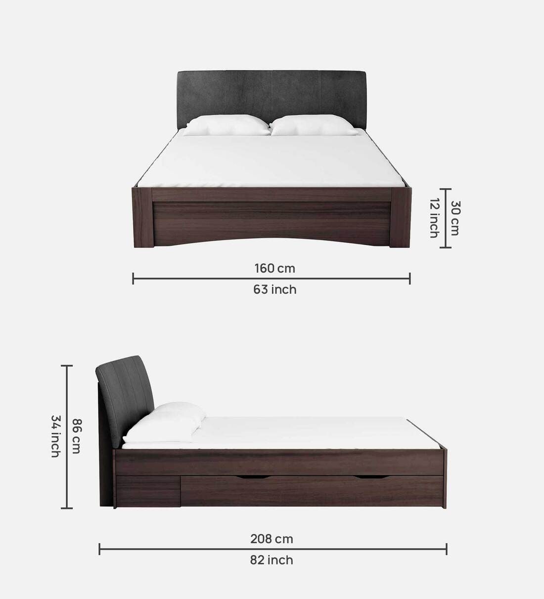 Buy Shinju Upholstered Queen Size Bed in Wenge Finish with Drawer