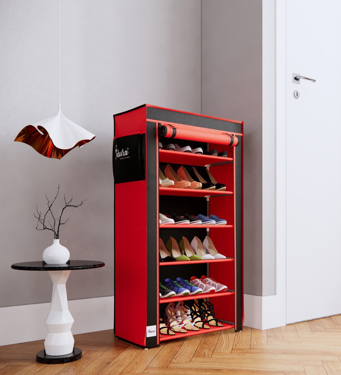 Buy Alpine Fabric Open Shoe Rack in Red & Black Finish by FABURA Online