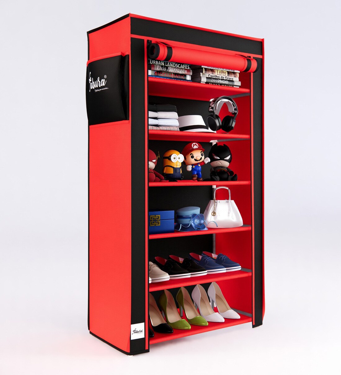 Buy Alpine Fabric Open Shoe Rack in Red & Black Finish by FABURA Online Open Shoe Racks Shoe