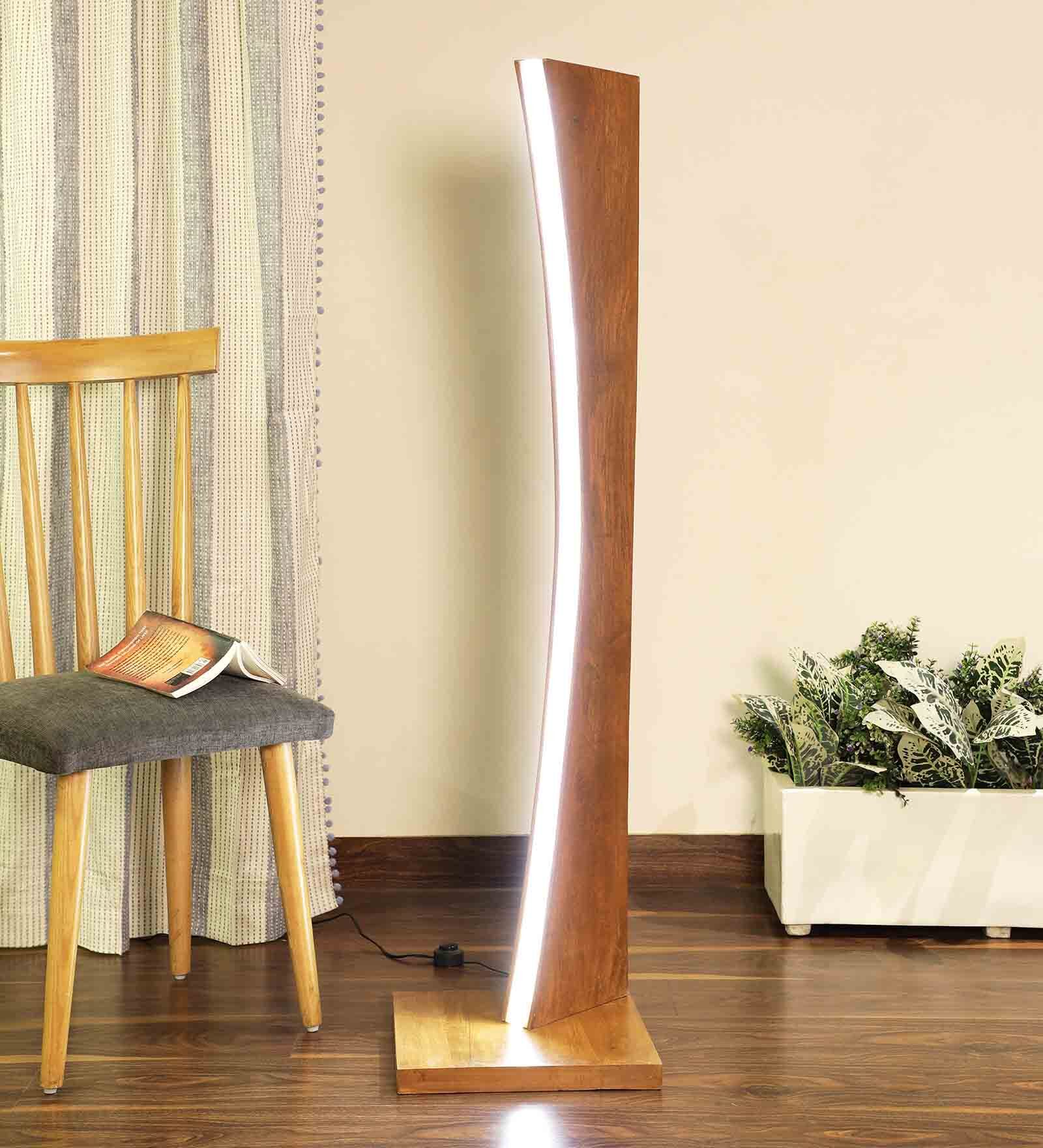Shade Contemporary Floor Lamp With Natural Wood Base