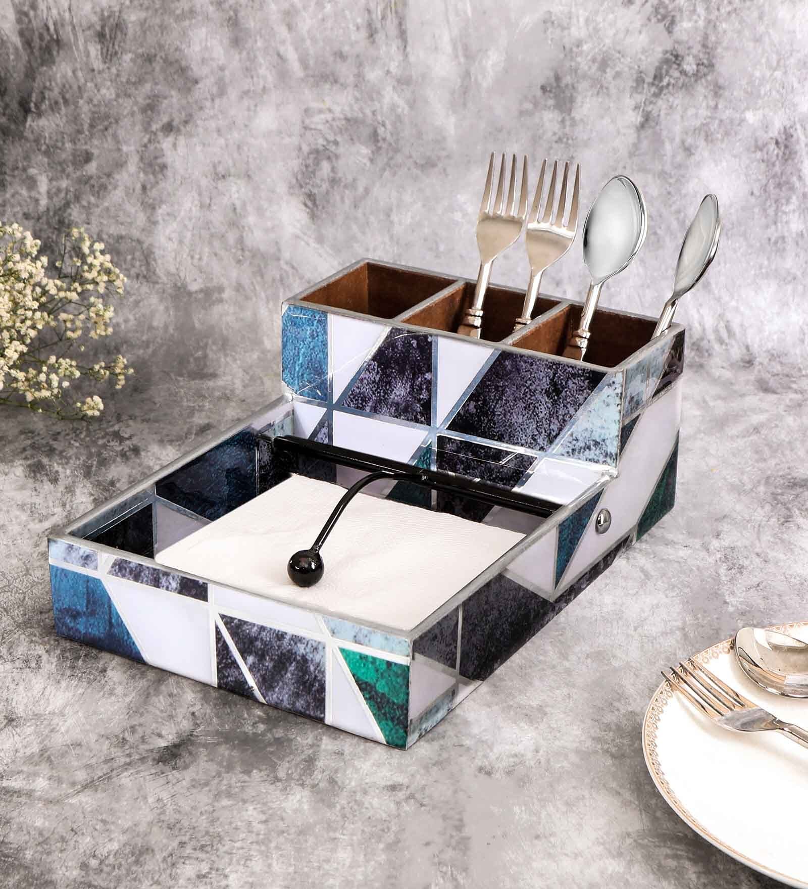 Shades Of Green & Gold MDF Wood New Mosaic Cutlery Tissue Holder