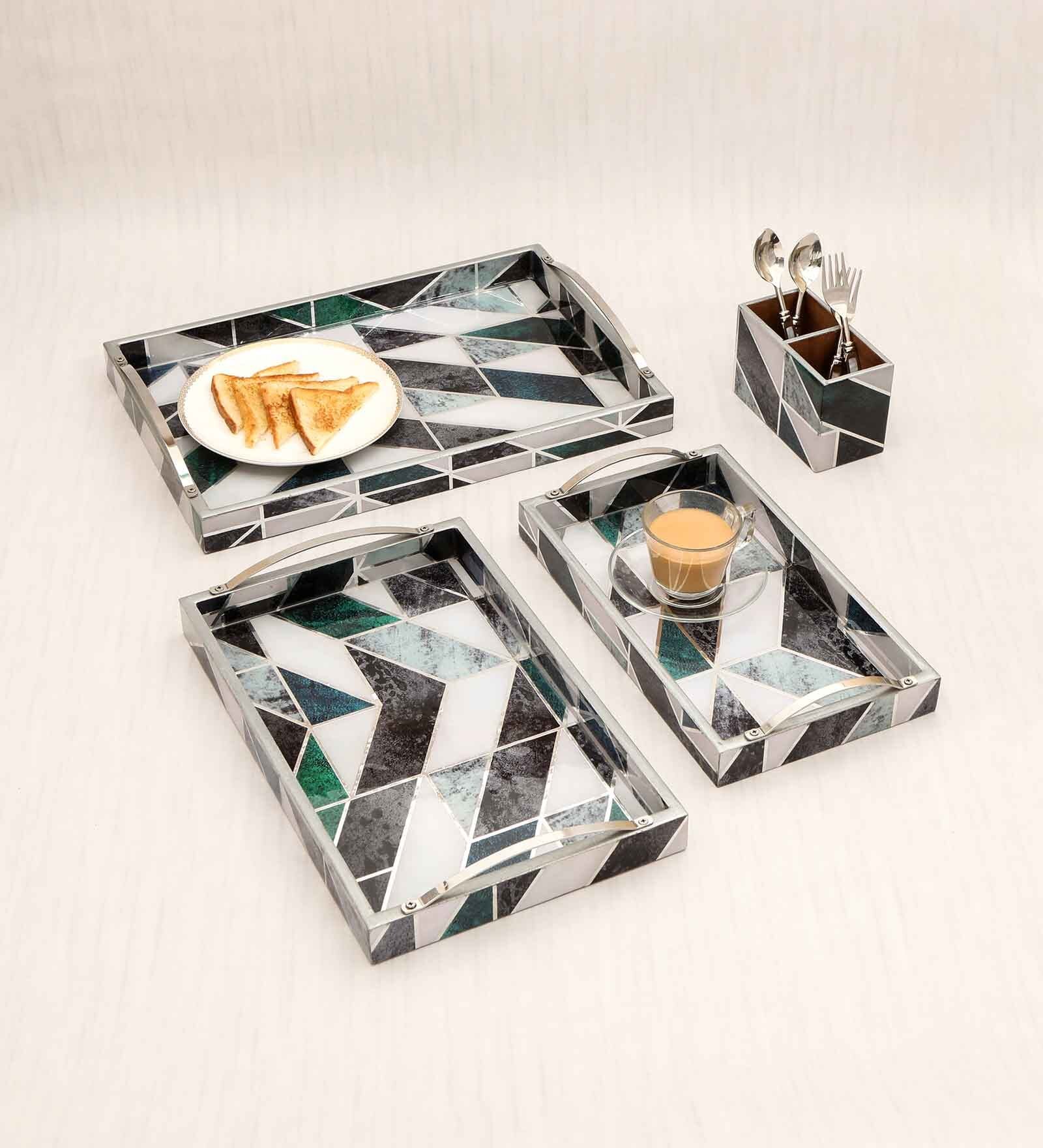 Shades Of Green & Gold MDF Wood New Mosaic (Set of 3) Serving Tray