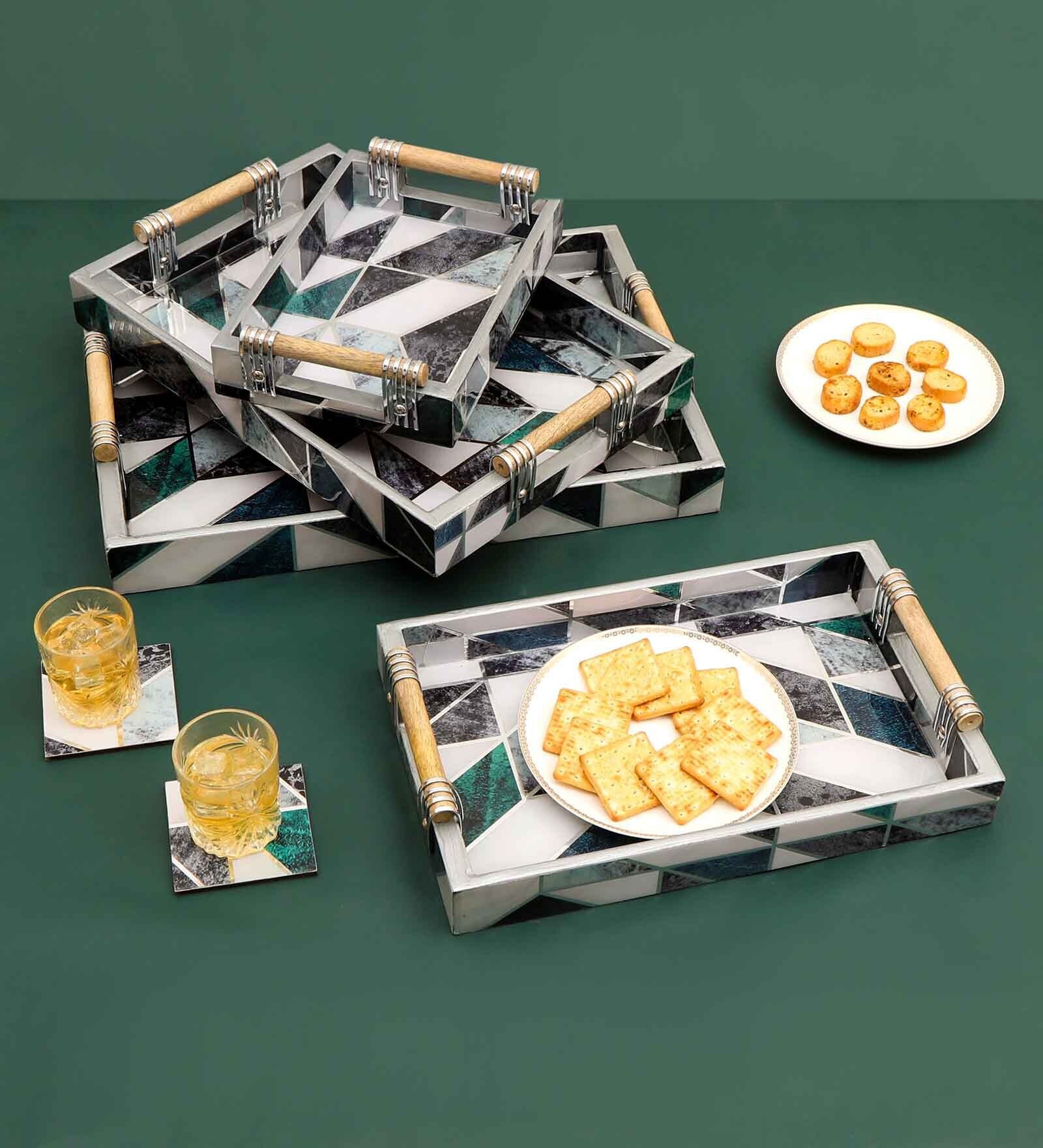 Shades Of Green & Gold MDF Wood New Mosaic (Set of 4) Serving Trays