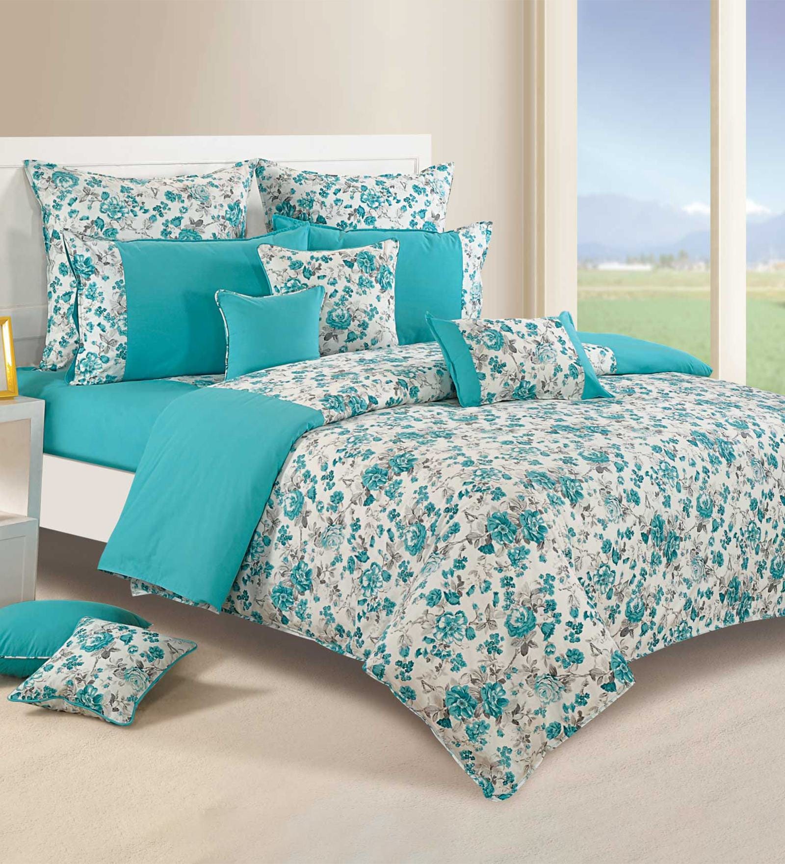 Teal & White Cotton Floral 350 GSM Single Bed Quilt Shades Of Paradise Collection