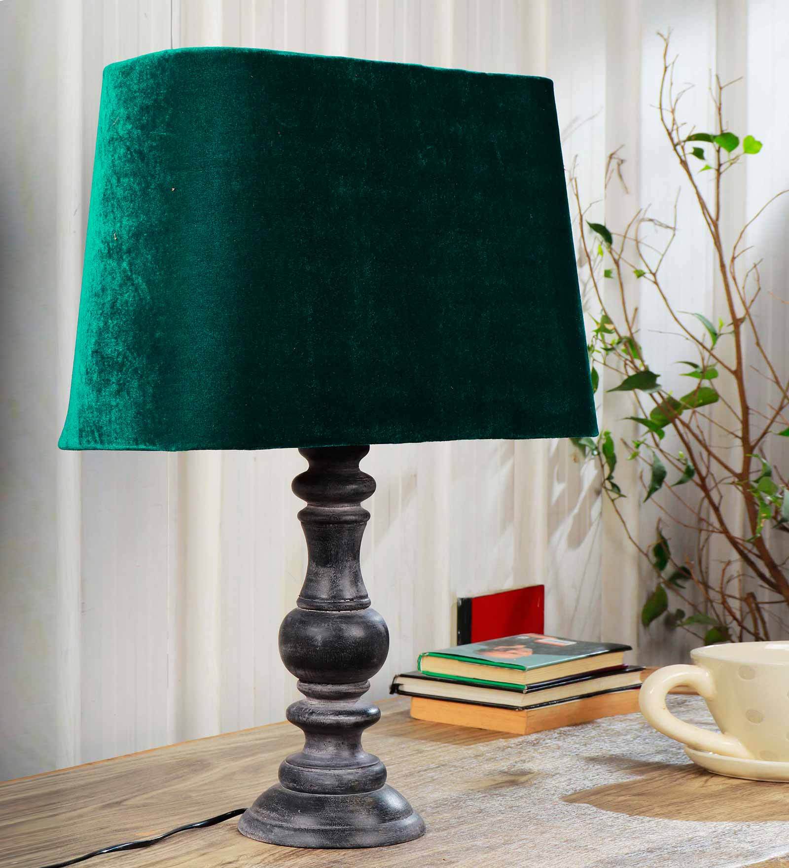 Royal Green Velvet Shade Night Lamp With Wood Base